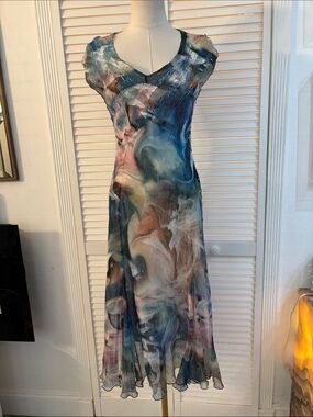 Komarov Multicolor Watercolor-Effect V-Neck Midi Dress, S